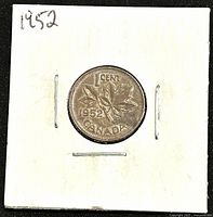 Reverse side of 1952 Canadian 1 cent coin showing maple leaf design, denomination '1 CENT', year '1952', and 'CANADA'.