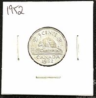 Reverse side of the 1952 Canadian nickel coin showing the beaver design, denomination, and year.