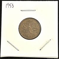 Reverse of 1953 Canadian 1 cent coin with three maple leaves and denomination.