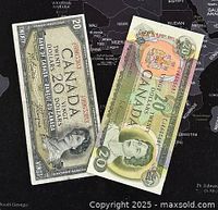 Two Canadian $20 banknotes from 1954 and 1969 placed side by side on a map background.