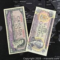 Top view of both 1954 and 1971 Canadian 10 Dollar banknotes showing front designs and colors