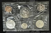 1950 Canadian Proof-Like Coin Set front side, showing obverse sides of 6 coins in clear sealed plastic pack.