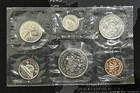 Sealed original 6-coin set from Canada 1971 showing reverse side with various Canadian emblems including maple leaf, beaver, Bluenose schooner, caribou, coat of arms, and multiple maple leaves.