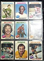 Front view of the 9 O-Pee-Chee 1975-76 NHL trading cards in protective sleeve showing player portraits, team names and positions.
