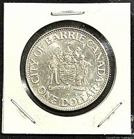 Obverse side of the 1978 City of Barrie trade dollar showing the city coat of arms with inscriptions.
