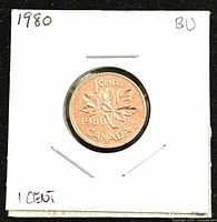 Reverse side of 1980 Canadian 1 cent coin showing maple leaf design and denomination details.