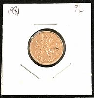 Reverse side of the 1981 Canadian 1 cent coin showing three maple leaves and denomination details.