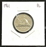 Front (reverse) side of the 1981 Canadian 5 cents coin showing the beaver design and inscriptions.