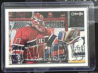 Front side of the 1995-6 O-Pee-Chee Patrick Roy Canadiens hockey card showing Patrick Roy in goalie gear and Canadiens uniform.