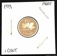 Obverse image showing the date 1999, denomination 1 cent, maple leaf design, and 'Canada' with 'K.G.' initials for designer.