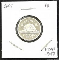 Obverse side of the 2005 Canadian 5 cents silver proof coin showing the beaver design and coin details.