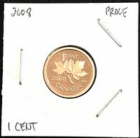 Reverse side of 2008 Canadian proof 1 cent coin showing maple leaves and denomination.