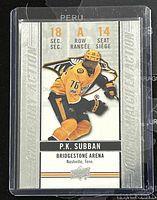 Front of 2018-2019 Upper Deck Tim Hortons hockey card featuring P.K. Subban in Predators uniform styled like arena ticket.