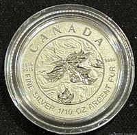 Reverse side showing the detailed Canadian Maple Leaf and inscriptions including .9999 fine silver and 1/10 oz weight