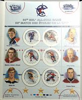 Full view of the stamp sheet showing title, logos, portraits and hockey action stamps