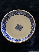 Top view of the round ceramic bowl showing the blue willow pattern interior and central floral motif at the bottom.