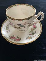 Royal Grafton demi tasse teacup and saucer featuring bird, butterfly and floral designs with gold accents on porcelain.