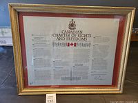 Front view of the framed Canadian Charter of Rights and Freedoms showing the document inside a gold-colored decorative frame with reddish-brown matting.