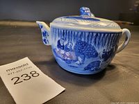 Photo of tea pot side showing hand-painted figures and landscape in blue and white porcelain.
