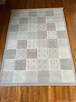 Beige IKEA area rug laid out on hardwood floor, showing geometric square pattern and texture.