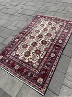 Full view of the rectangular rug laid on pavement showing overall pattern and fringe