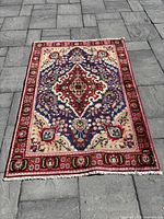 Full view of the rug laid flat on pavement showing overall pattern and border.