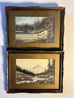 Two framed watercolour landscape paintings hung vertically, showing natural scenes with trees, water, and rocky terrain.