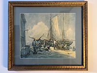 Framed print of sailing ship dock scene with multiple figures, framed and matted with glass.