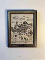 Full view of framed lithograph showing city scene with stone wall, domed building, various figures and sky clouds.