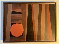 Full view of the framed abstract mid-century modern painting with geometric shapes and warm earth tones.