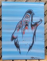 Front view of the acrylic painting on canvas showing a stylized bird with abstract red, black and white patterns on a blue gradient background.
