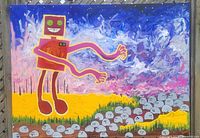 Full view of the painting showing the robot with long arms and a group of small ghost-like creatures on a yellow field under a swirling purple sky