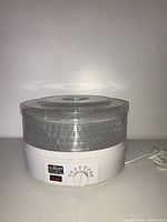 Front view of Salton VitaPro food dehydrator with trays and control knob.