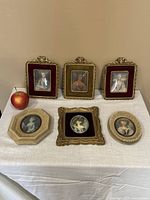 Front view of all 6 velvet-framed portrait prints arranged on a cloth-covered surface with an apple for scale.