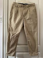 Khaki Banana Republic pants hanging on a white door, showing full length and design details including pleats and pockets.