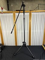Full view of the black Pyle microphone stand with tripod base, the boom arm extended to the side, showing general condition and structure.