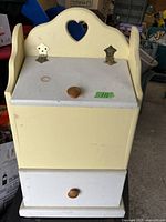 Wooden potato and onion bin painted cream and white with wooden knob handles and heart cutout design