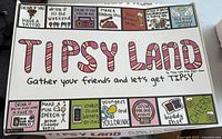 Front view of Tipsy Land board game box featuring the title and humorous drinking challenges.