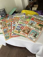 Set of 12 laminated educational posters laid out on a table showing colorful themes like seasons, months, numbers, feelings, animals, and opposites.