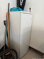 White Danby upright deep freezer positioned in a garage corner next to tools and bicycle wheel. Freezer door is closed, showing clean exterior.