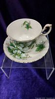 Profile and top view of Royal Albert Trillium bone china teacup and saucer set displaying white trillium flowers and green leaves floral pattern with gold rims.