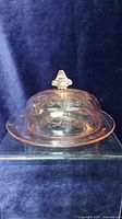 Side view of amber glass plate with dome lid showing etched floral and geometric designs and knob handle on top.