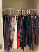 Wide view of 14 assorted blouses and tops on hangers showing variety of colors and fabrics