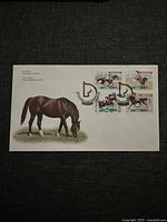 Stamp sheet showing four 46-cent horse racing themed stamps with cancellation marks on white backing featuring a grazing horse illustration.