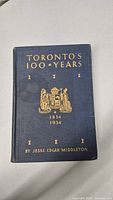 Front cover of the antique book showing title and embossed Toronto coat of arms in gold.