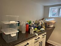 Countertop holding clear storage bins, many cleaning products including sprays and detergents, two laundry baskets filled with items, clothes hangers, dish pans, and cleaning rags.