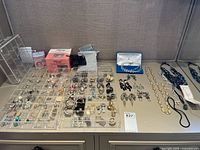 Overview of entire lot showing acrylic trays, earrings, necklaces, boxes and organizers