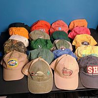 Top view of 20 assorted baseball hats arranged in 4 rows, displaying a variety of colors and embroidered destination logos