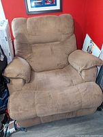 Front view of the Lane Stallion brown fabric recliner chair showing cushioned backrest and armrests.