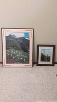 Two framed landscape items leaning against the wall on carpet. Larger black-framed Colorado mountain poster with wildflowers and smaller brown-framed mountain photo with twin peaks and mist.